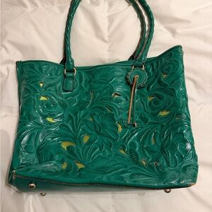Patricia Nash Emerald Green Tooled Leather Tote with Yellow Underlay